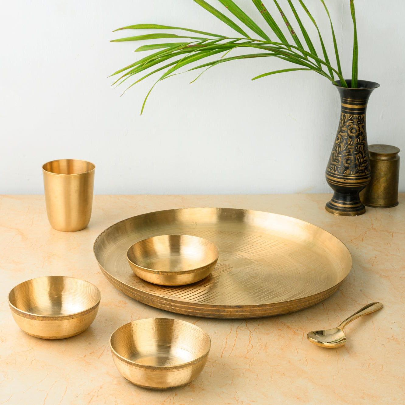 Kansa Dish Dinner Set | 6 Pcs - 1 Platter 2 Bowl 1 Sweet Dish 1 Tumbler 1 Spoon